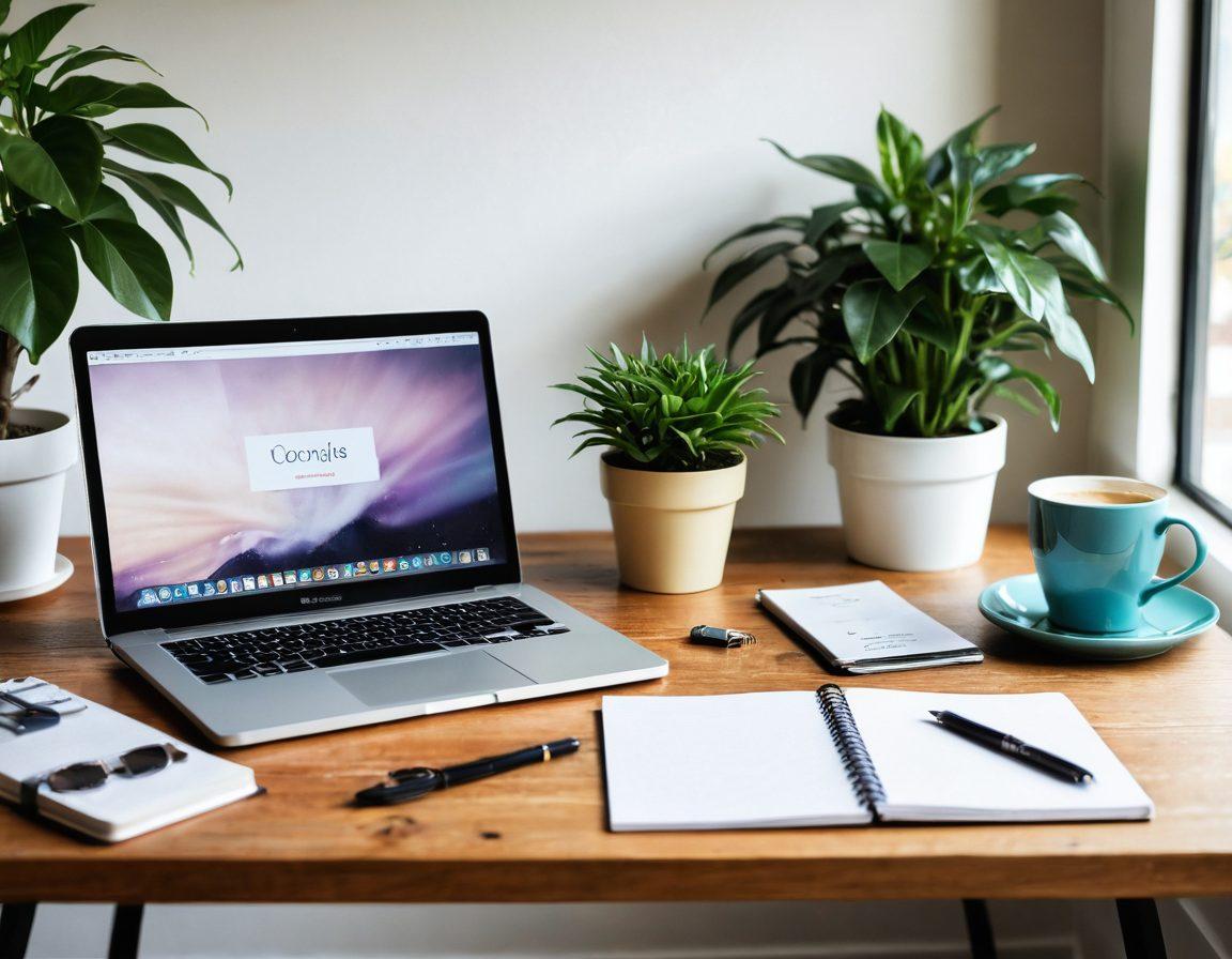 A picturesque digital workspace featuring a stylish laptop open to a vibrant blogging platform with various colorful blog posts and analytics. Surround the scene with essential blogging tools like a notebook, pen, and coffee mug, symbolizing inspiration and creativity. Add soft natural lighting to evoke a cozy atmosphere, with a glimpse of plants and personal mementos in the background. super-realistic. vibrant colors. warm tones.