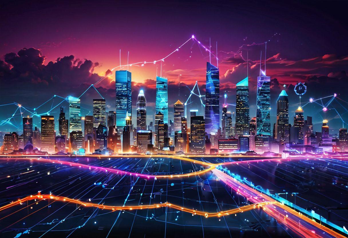 A futuristic digital landscape depicting an upward graph symbolizing traffic growth, with interconnected nodes representing various SEO strategies like keywords, backlinks, and content creation. Include a vibrant, glowing city skyline in the background to represent the web presence, with gears and circuit patterns integrated into the ground to signify technology and innovation. The overall color scheme should be bright and engaging, capturing the essence of digital marketing success. super-realistic. vibrant colors. digital art.