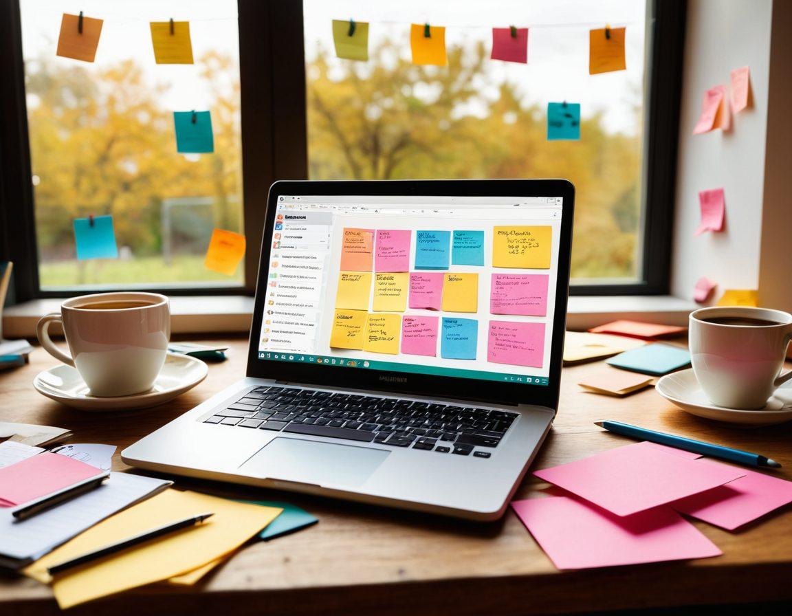 A dynamic workspace featuring an open laptop displaying analytics of a blog, scattered notes, and colorful sticky notes depicting brainstorming ideas, a cup of coffee beside it, with an inviting, sunlit background symbolizing creativity and focus. super-realistic. vibrant colors. warm lighting.